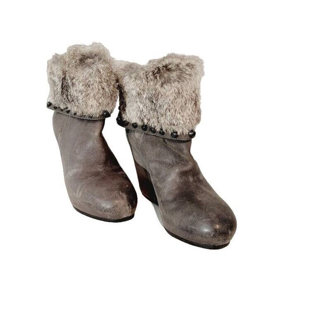 ASH Wedge‎ Ankle Boots Sz 7.5 Women's Leather Fur Cuff Zip Studs Gray Taupe